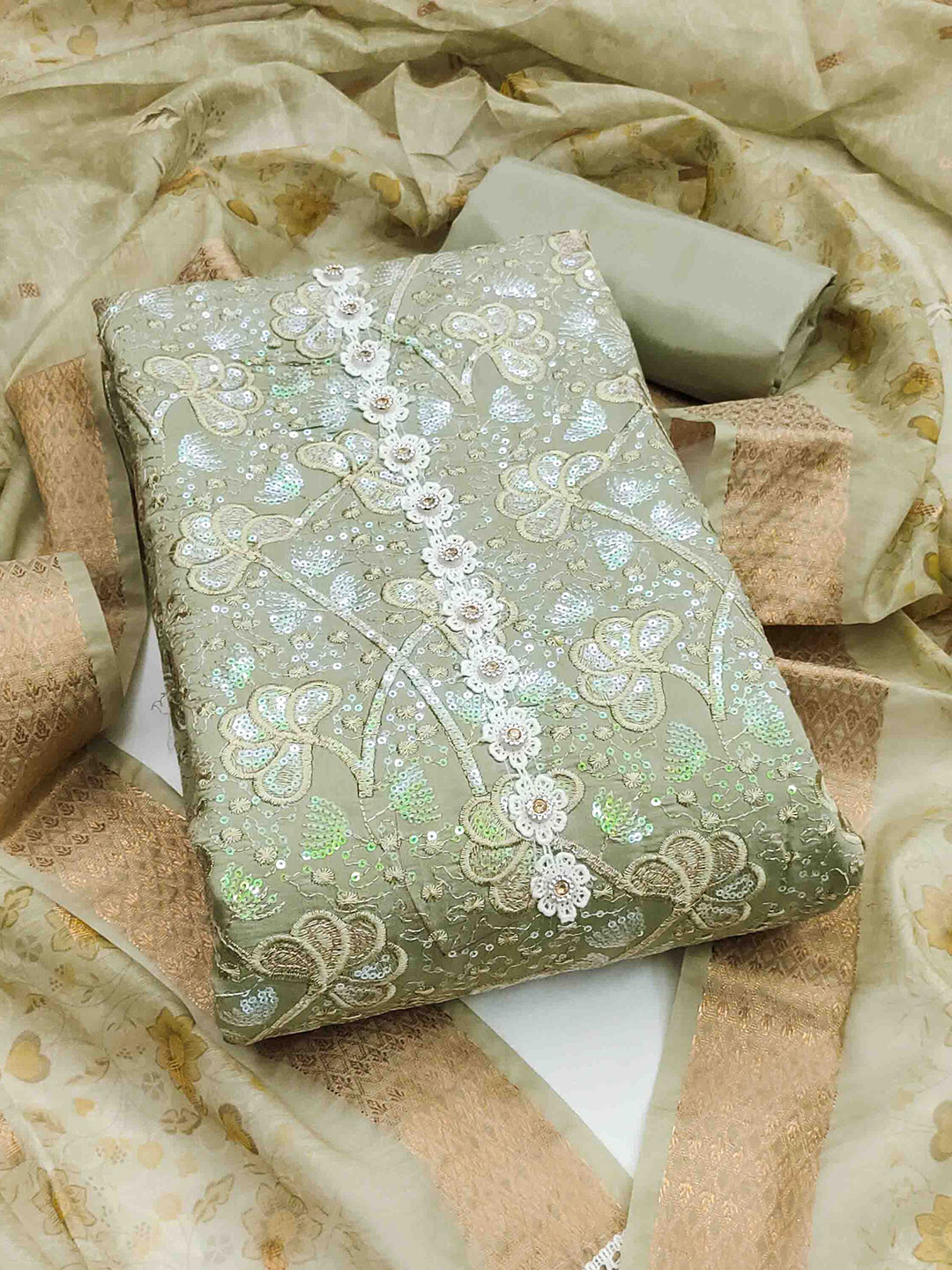 

KIMISHA Floral Embroidered Sequinned Unstitched Dress Material, Green