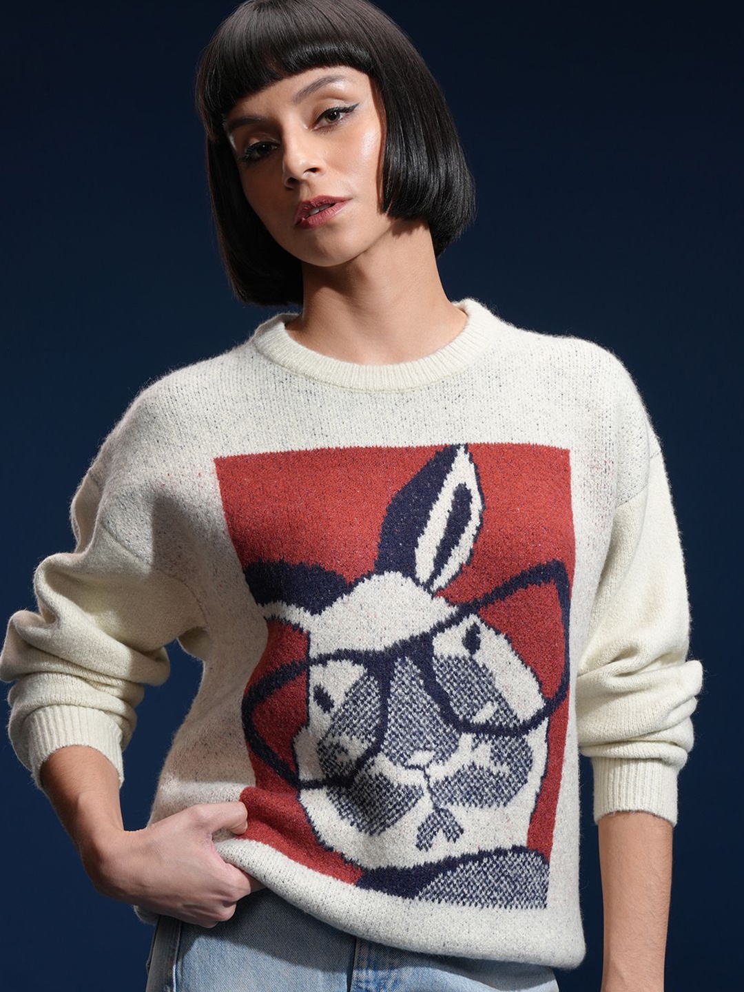 

Tokyo Talkies Women Round Neck Jacquard Printed Sweater, White
