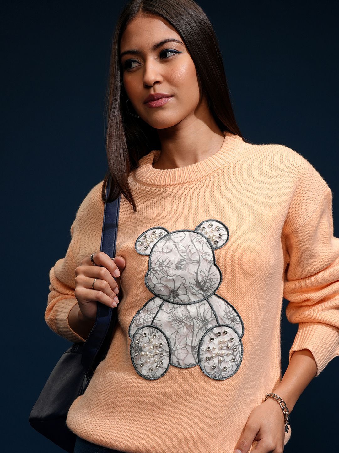 

ESPYR By Tokyo Talkies Women Embellished Round Neck Sweater, Peach