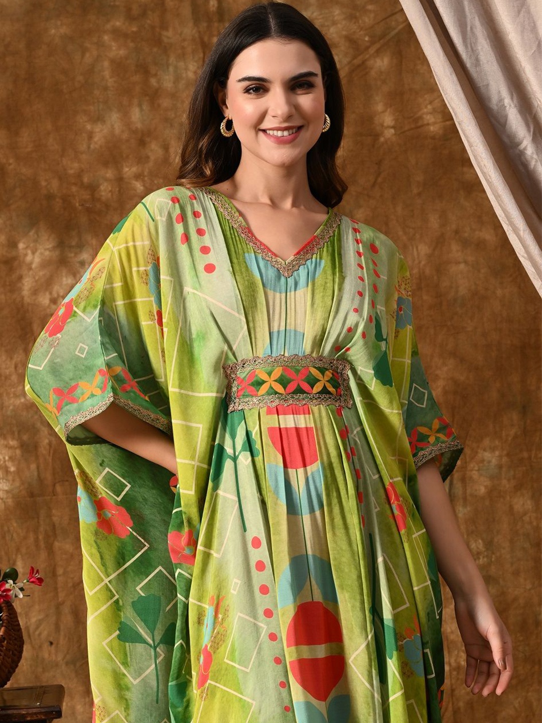 

YELLOW PARROT Women Print Kimono Sleeve Georgette Kaftan Maxi Dress, Green
