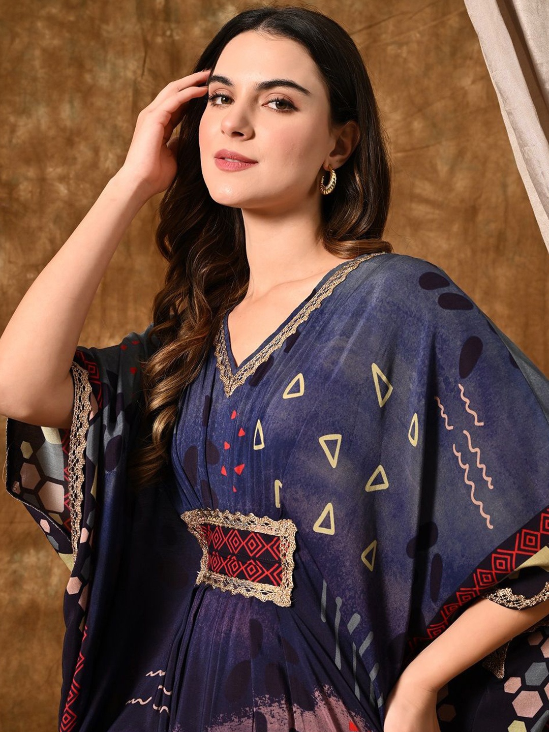 

YELLOW PARROT Printed Kimono Sleeve Kaftan Dress, Blue