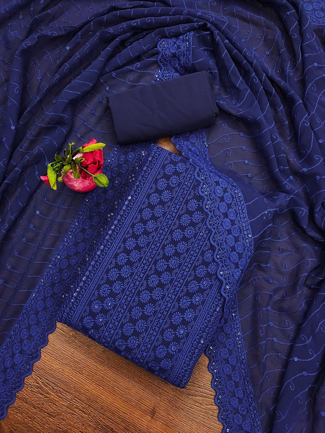 

LeeliPeeri Designer Floral Motifs Thread Embroidered Unstitched Dress Material, Navy blue