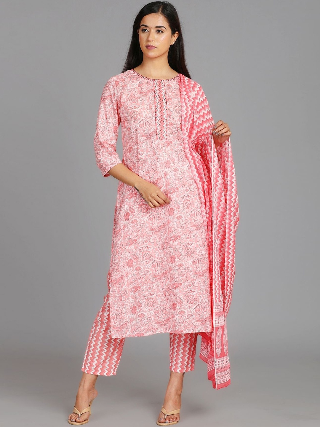 

AAVARANA BY KARNIKA Floral Printed Thread Work Pure Cotton Kurta With Trouser &Dupatta, Pink