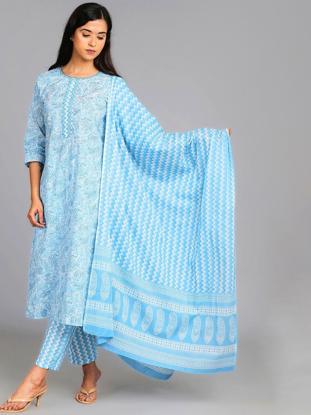 

AAVARANA BY KARNIKA Floral Printed Thread Work Pure Cotton Kurta With Trouser &Dupatta, Blue