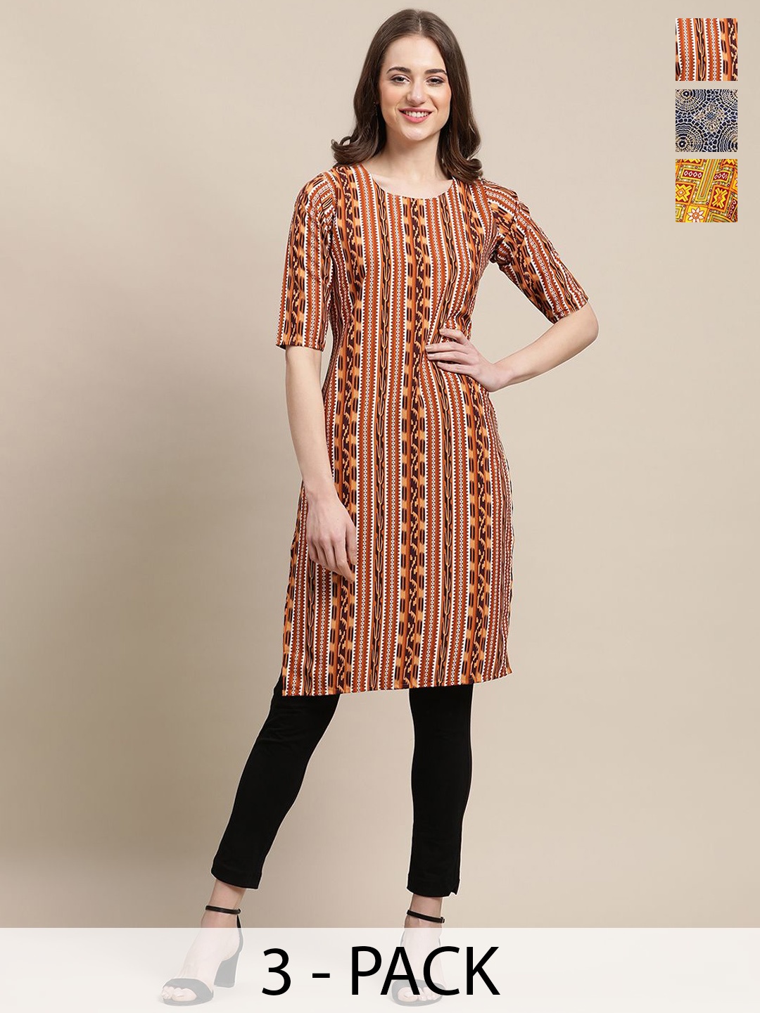 

7Threads Selection of 3 Geometric Printed Round Neck Straight Kurtas, Red