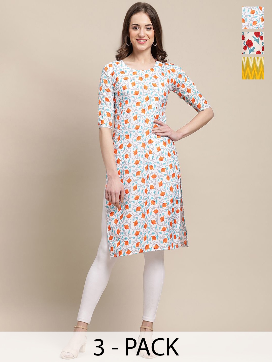 

7Threads Pack Of 3 Ethnic Motifs Printed Round Neck Straight Crepe Kurta, Blue