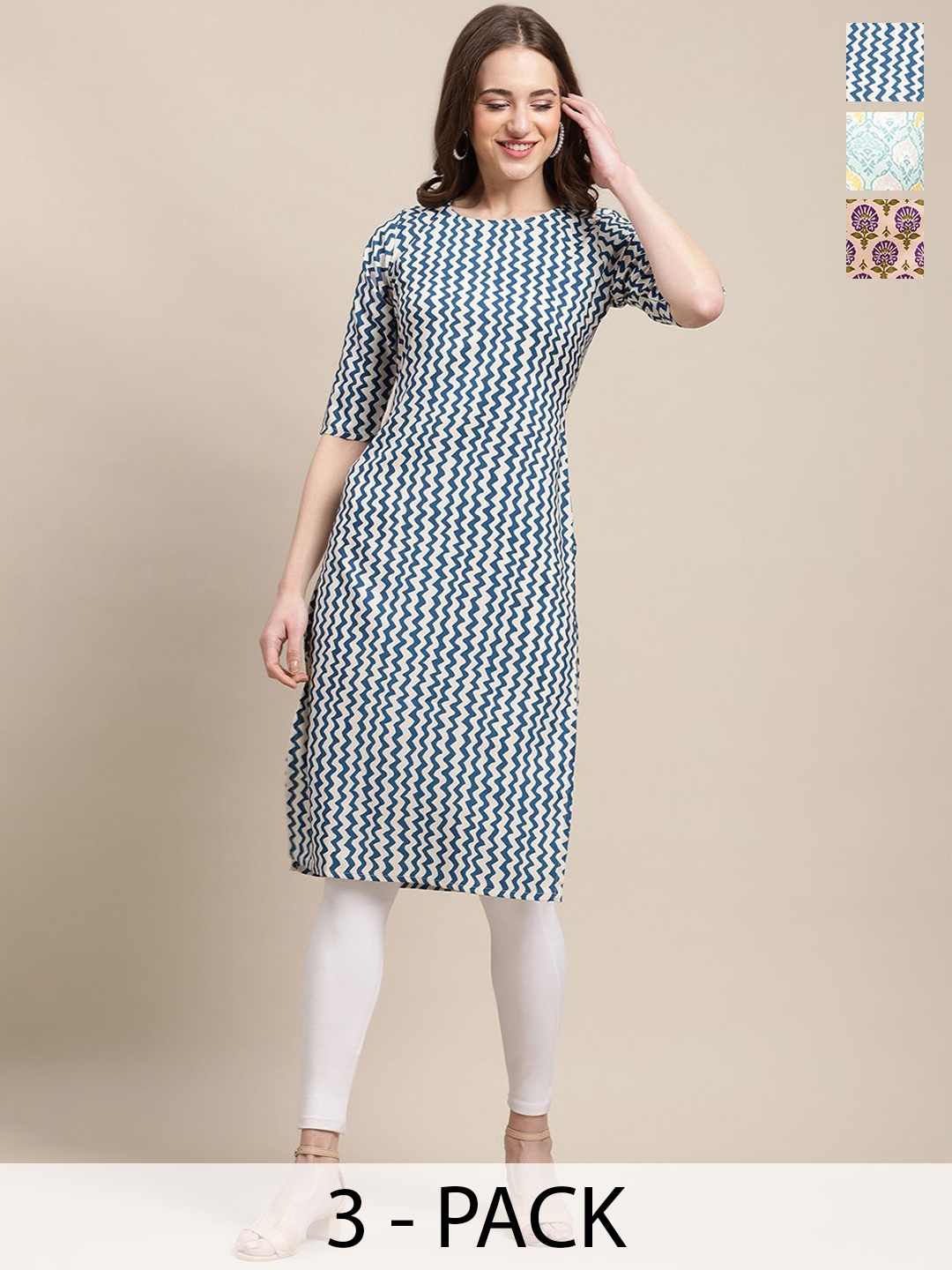 

7Threads Selection Of 3 Ethnic Motifs Printed Straight Kurtas, White