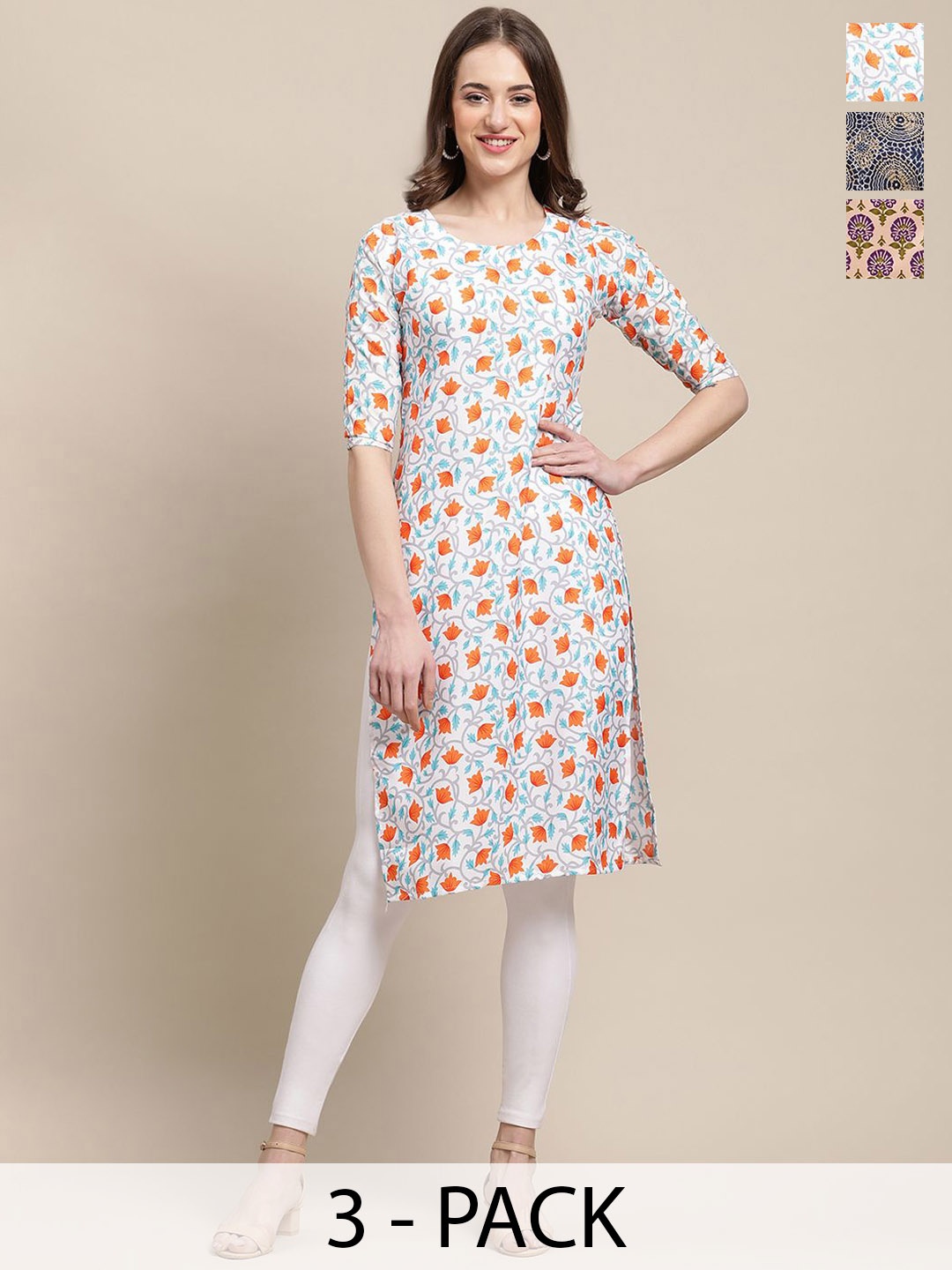 7Threads Selection Of 3 Floral Printed Kurtas, White