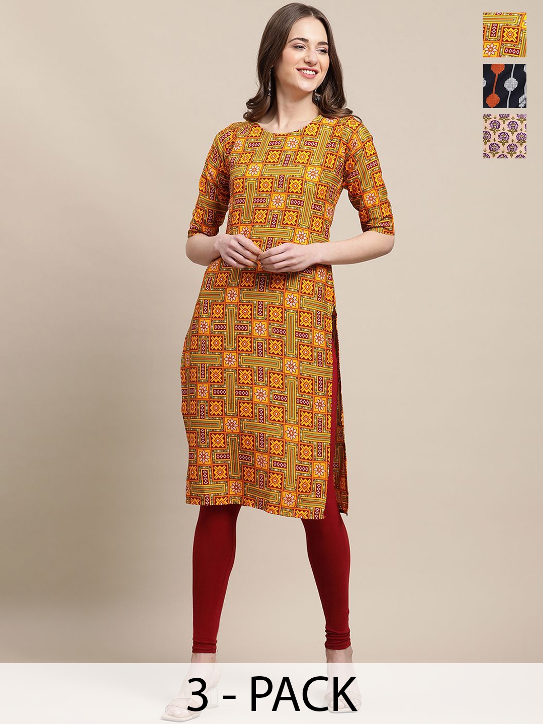 

7Threads Selection Of 3 Geometric Printed Round Neck Straight Kurtas, Yellow