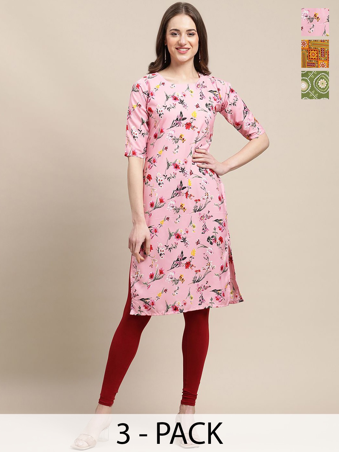 

7Threads Selection Of 3 Floral Printed Straight Kurta, Pink