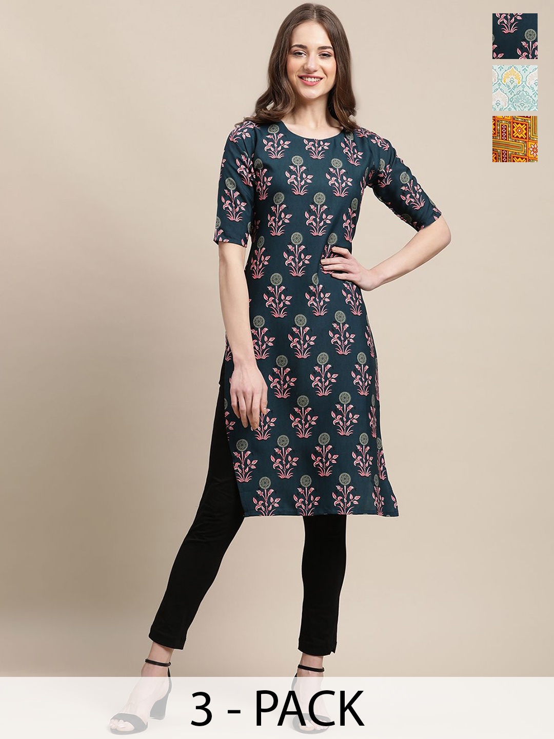 

7Threads Selection Of 3 Floral Printed Round Neck Straight Kurtas, Teal