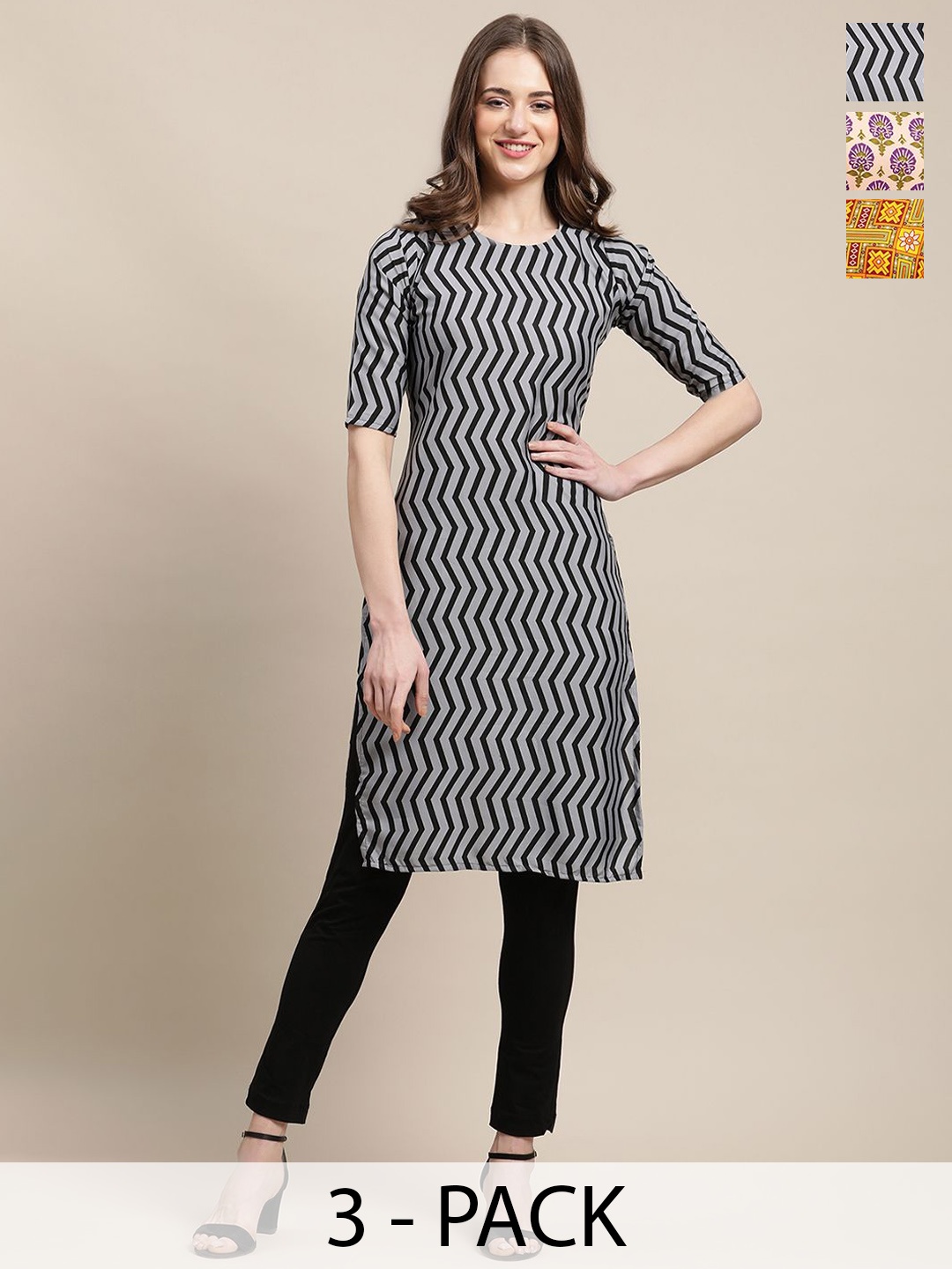 

7Threads Selection Of 3 Floral Printed Round Neck Straight Kurta, Grey