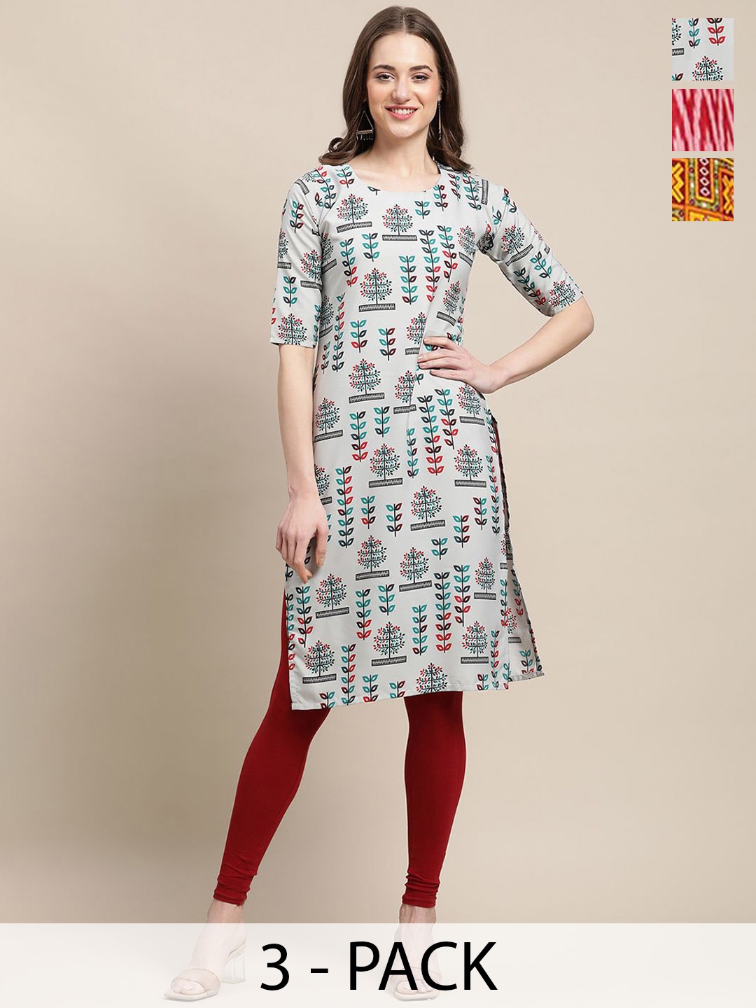 

7Threads Selection Of 3 Ethnic Motifs Printed Round Neck Straight Crepe Kurtas, Green