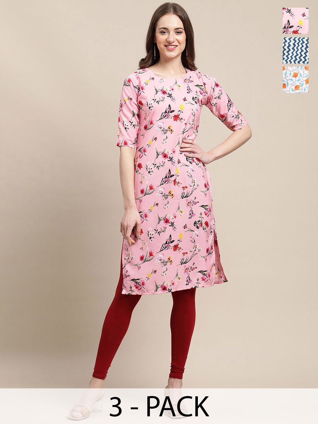 

7Threads Selection Of 3 Floral Printed Round Neck Kurtas, Pink