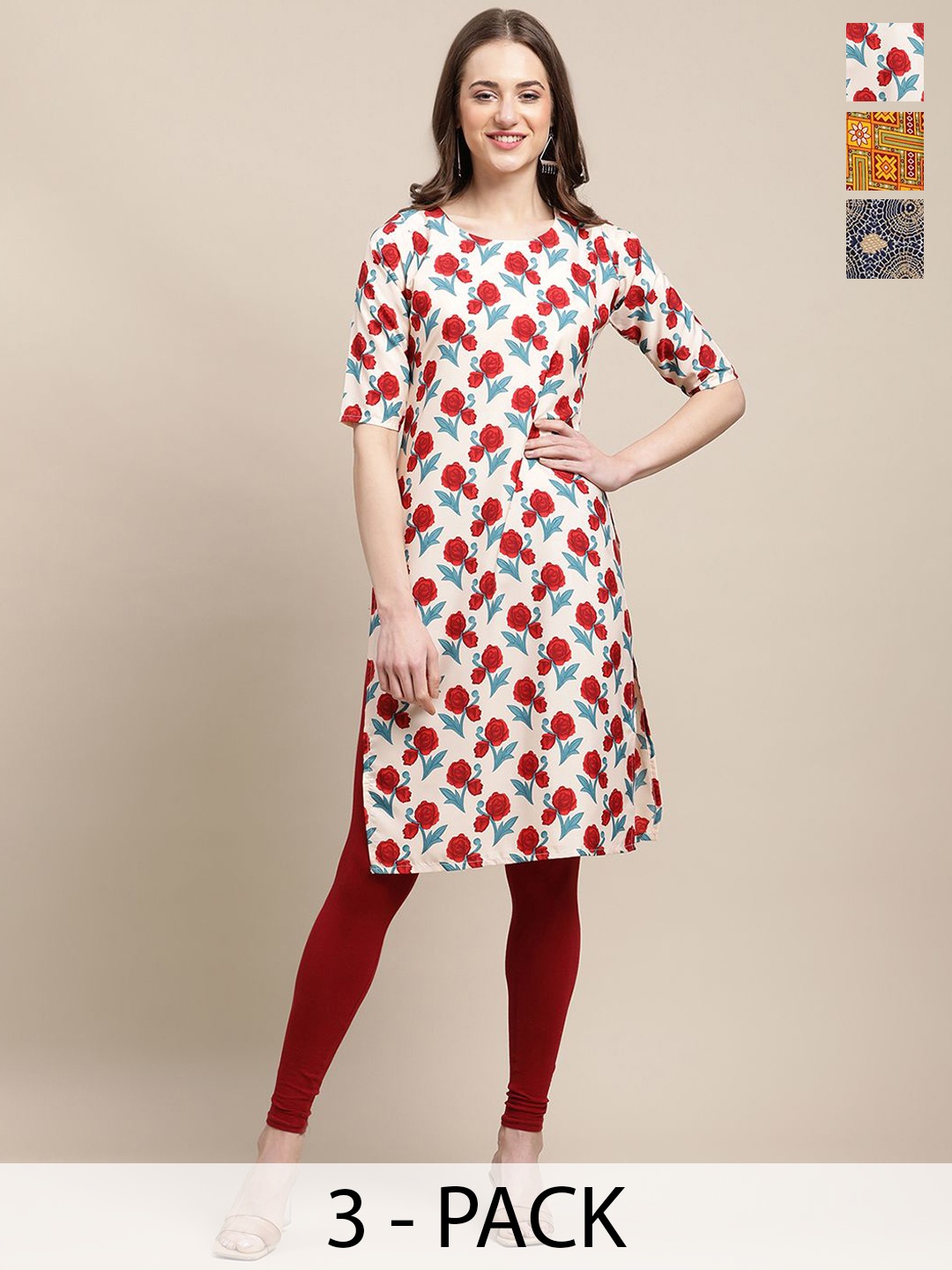 

7Threads Selection of 3 Floral Printed Round Neck Crepe Straight Kurtas, White