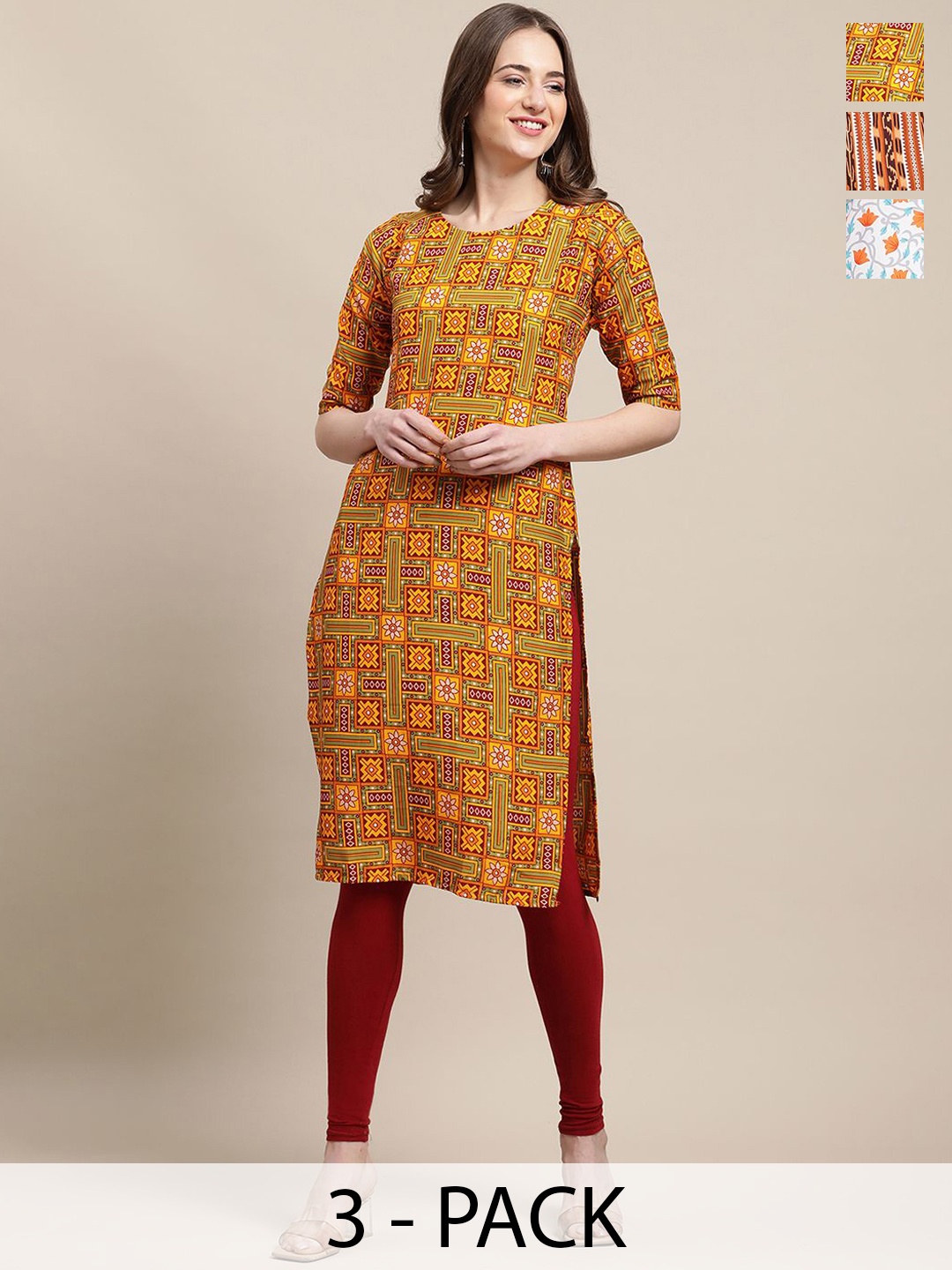 

7Threads Selection Of 3 Geometric Printed Round Neck Regular Sleeves Straight Kurtas, Orange