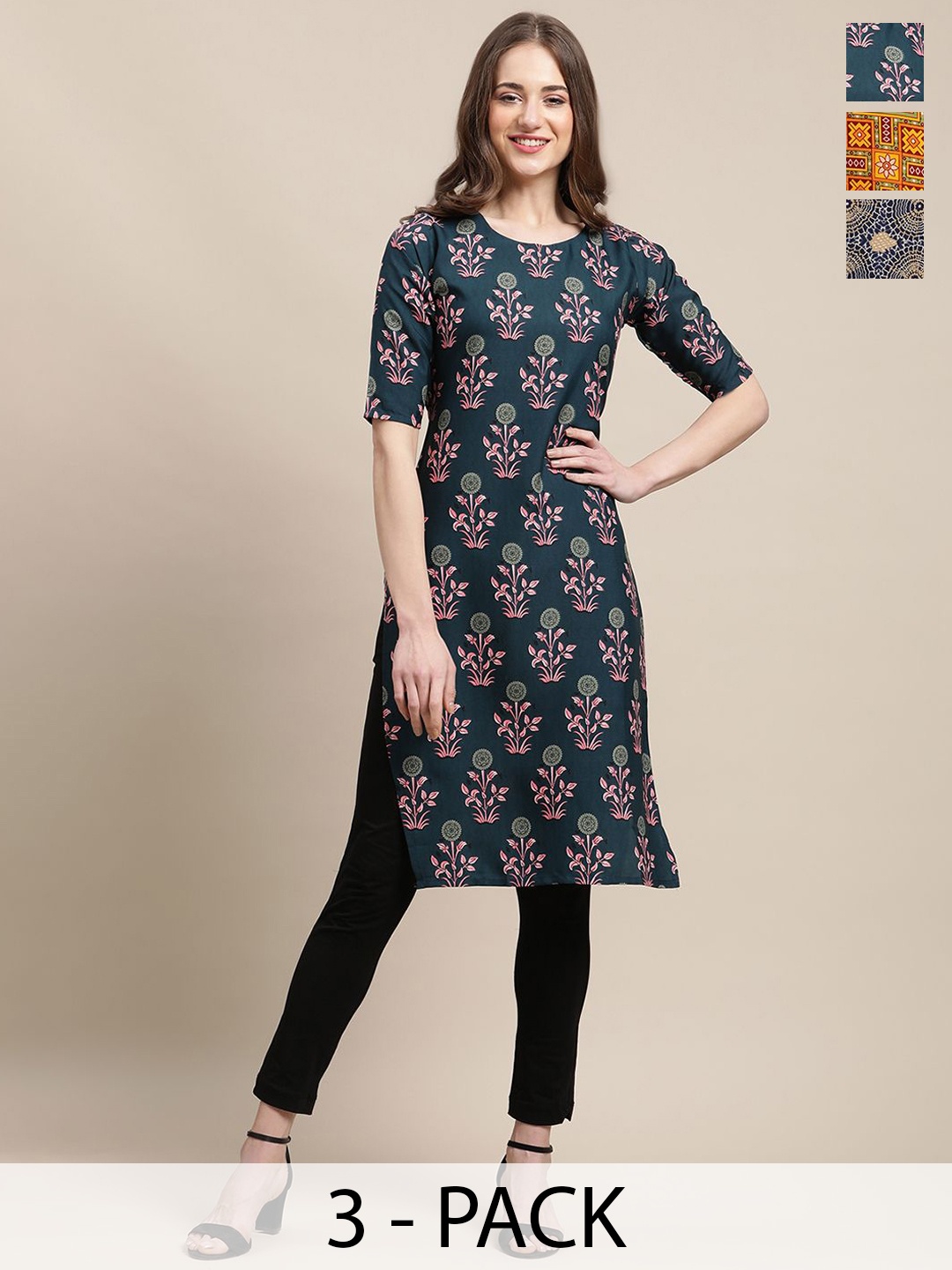 

7Threads Selection Of 3 Ethnic Motifs Printed Straight Kurtas, Green