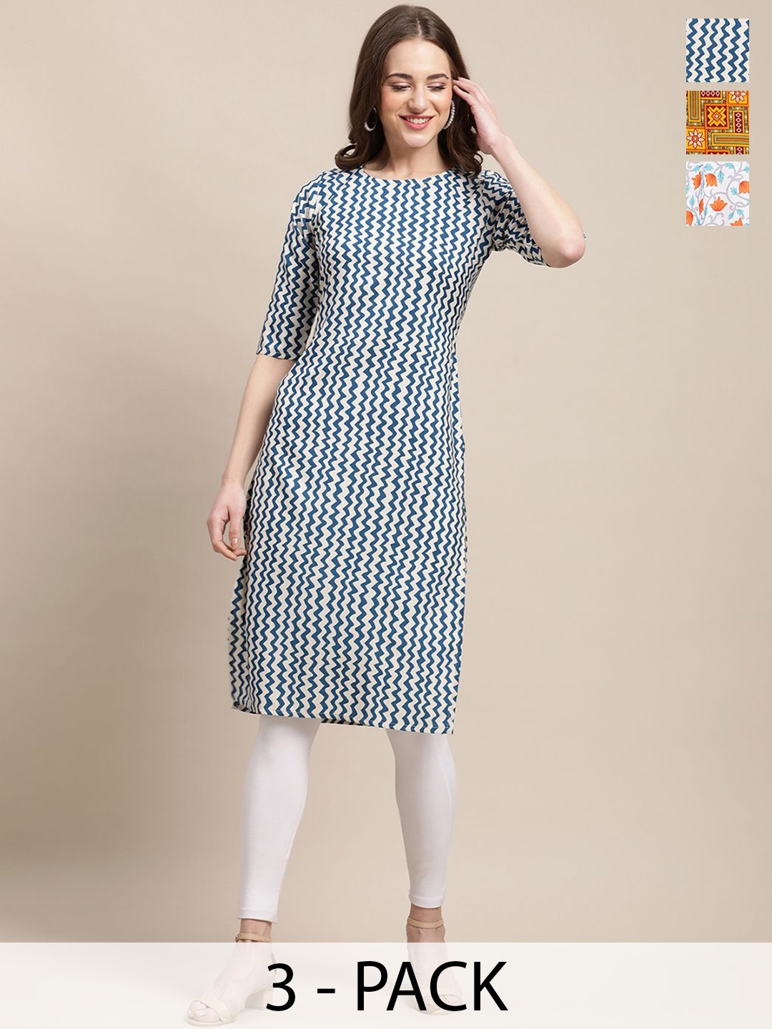 7Threads Set Of 3 Chevron Printed Round Neck Machine Weave Straight Kurta, Blue