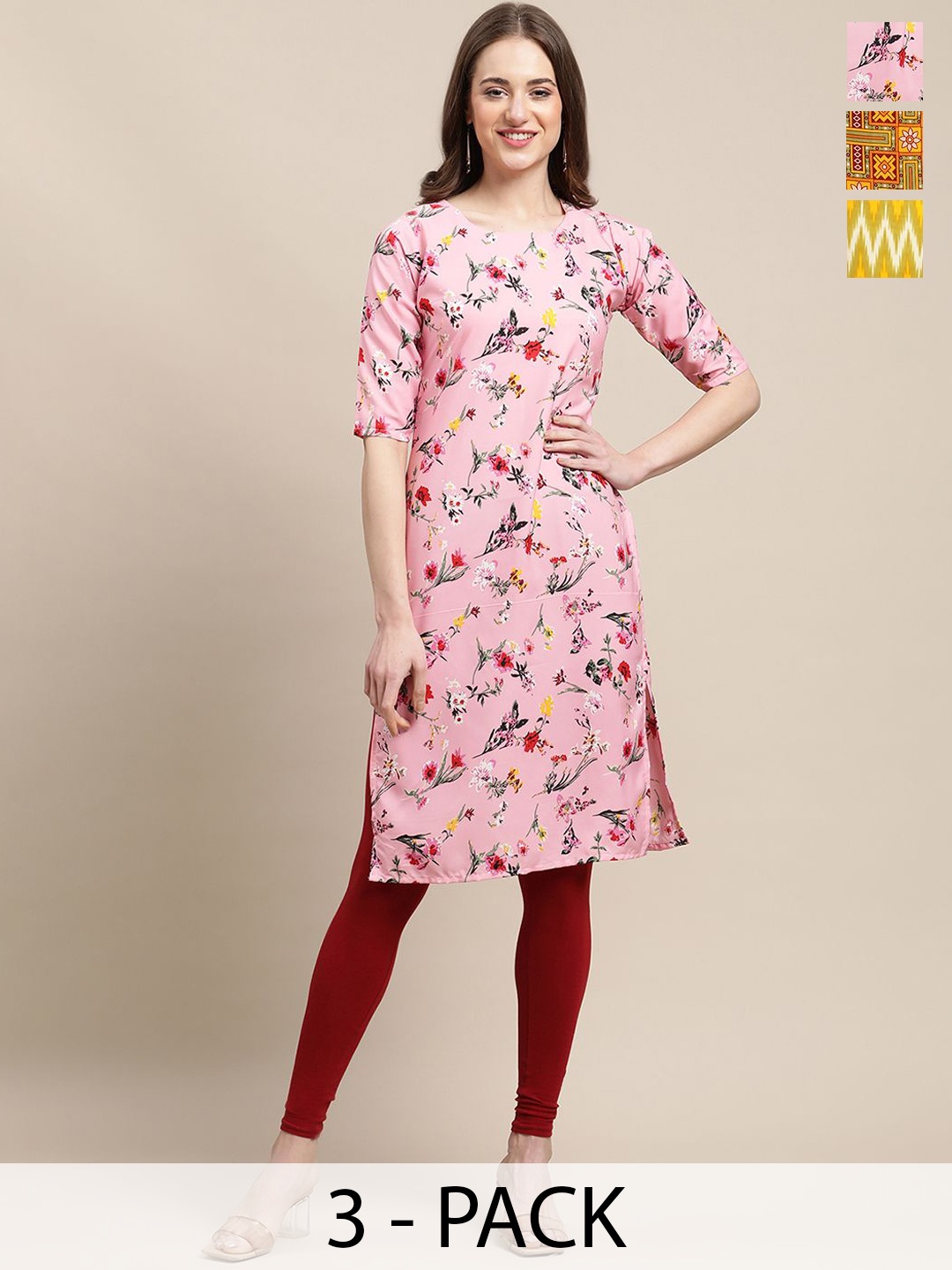 

7Threads Selection Of 3 Floral Printed Round Neck Straight Kurta, Pink