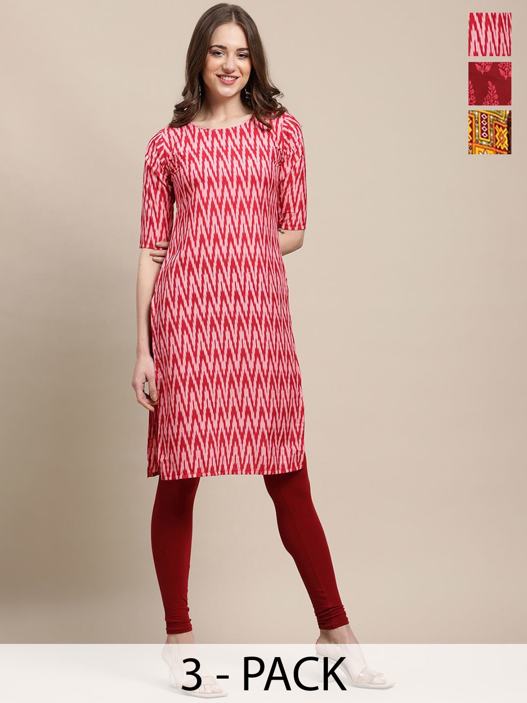 

7Threads Selection Of 3 Ethnic Motifs Printed Round Neck Straight Kurtas, Red