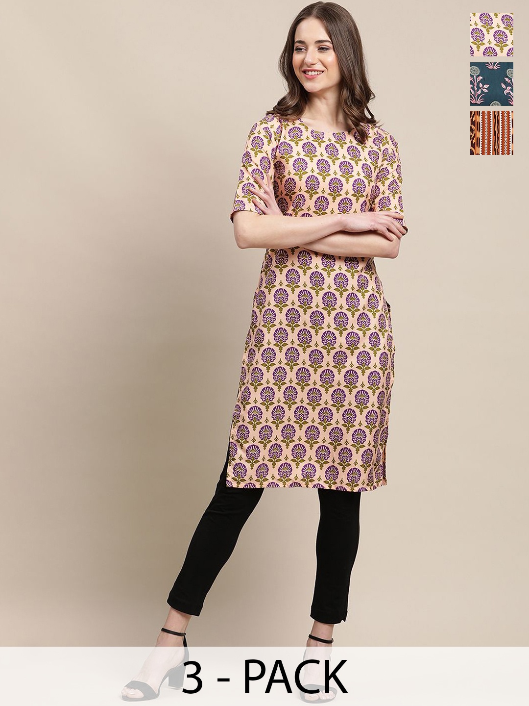 

7Threads Selection Of 4 Floral Printed Round Neck Straight Kurtas, Beige
