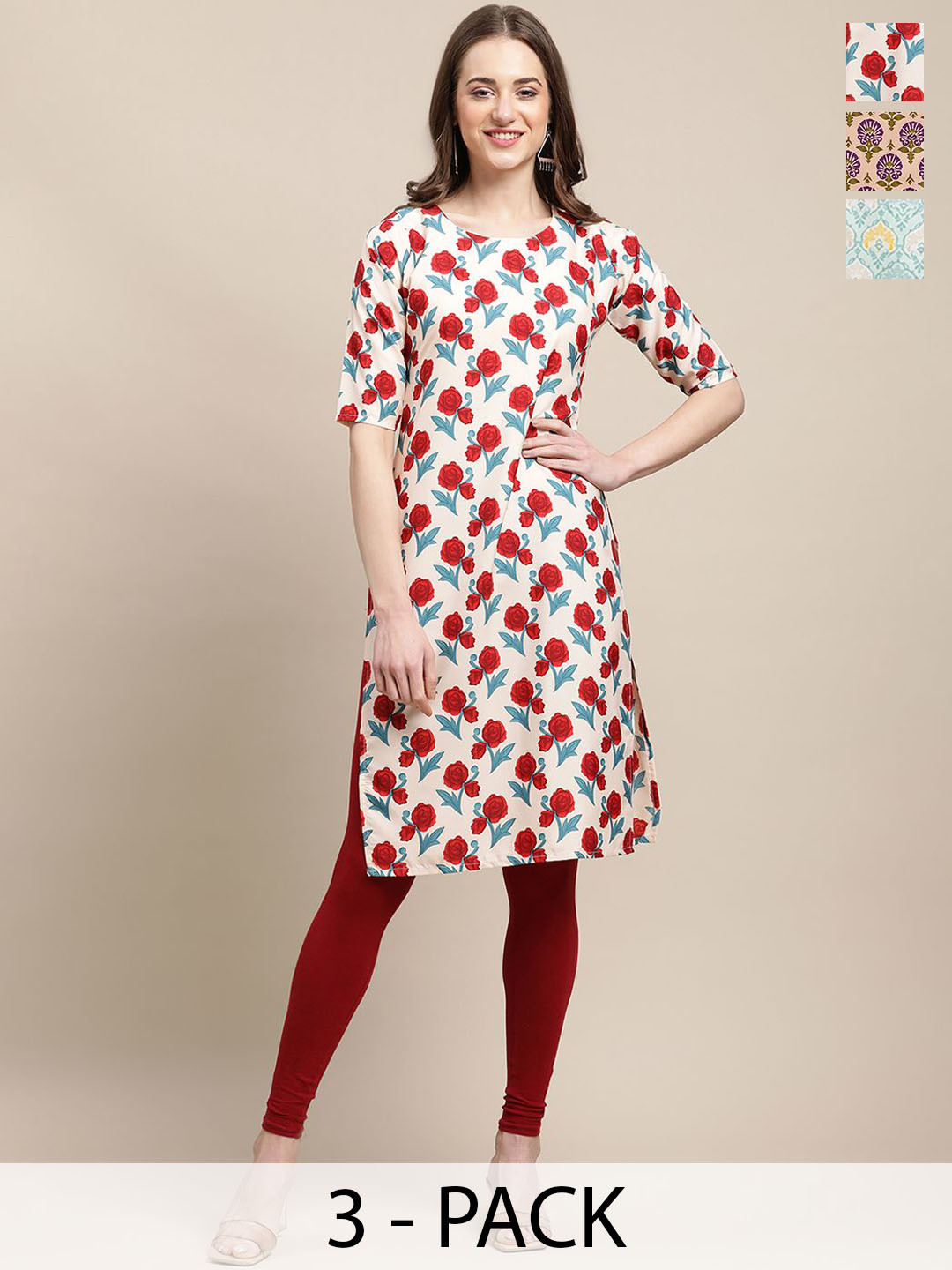 

7Threads Selection Of 3 Ethnic Motifs Printed Straight Kurtas, White