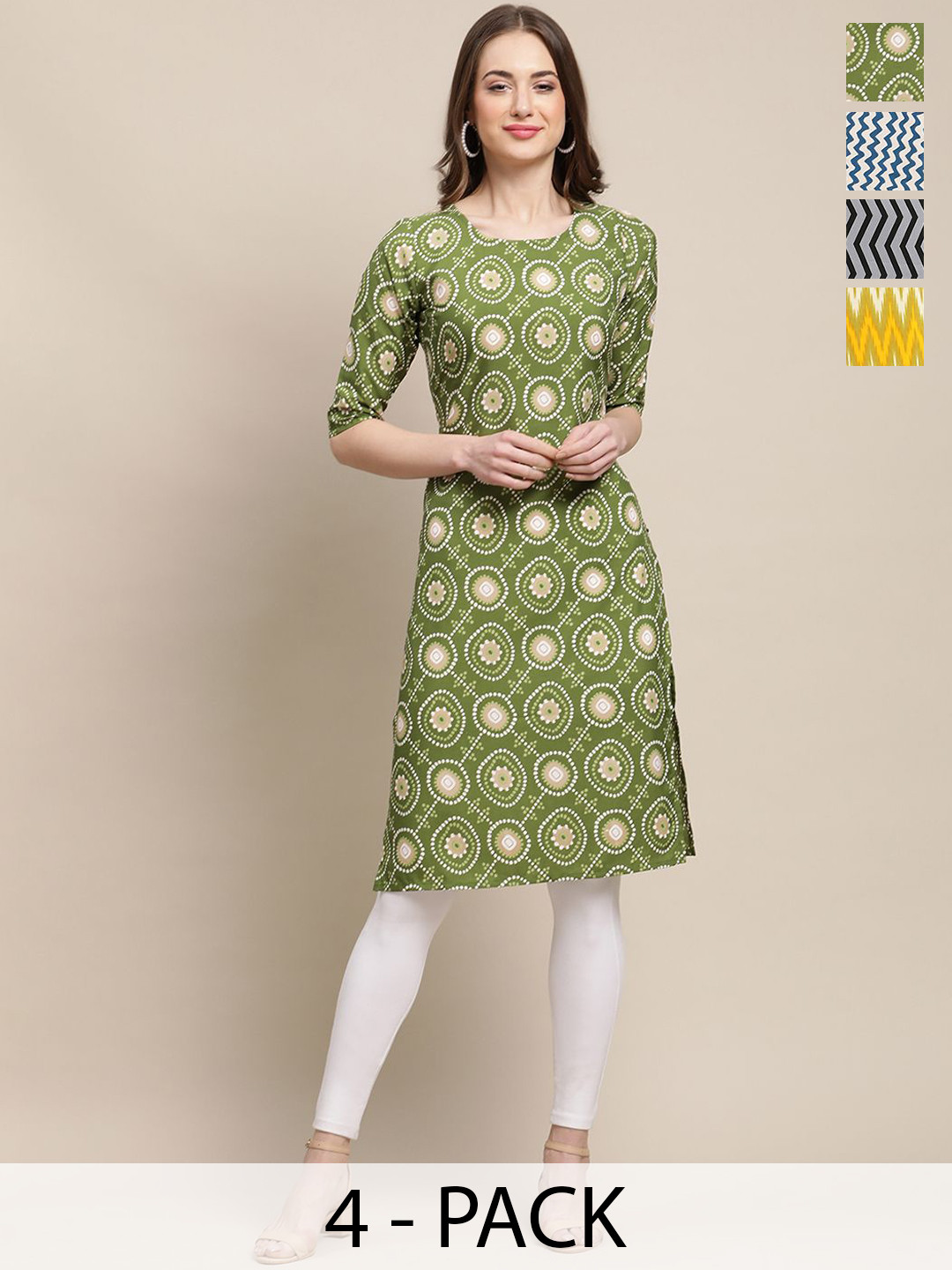 

7Threads Selection of 4 Geometric Printed Straight Kurtas, Green