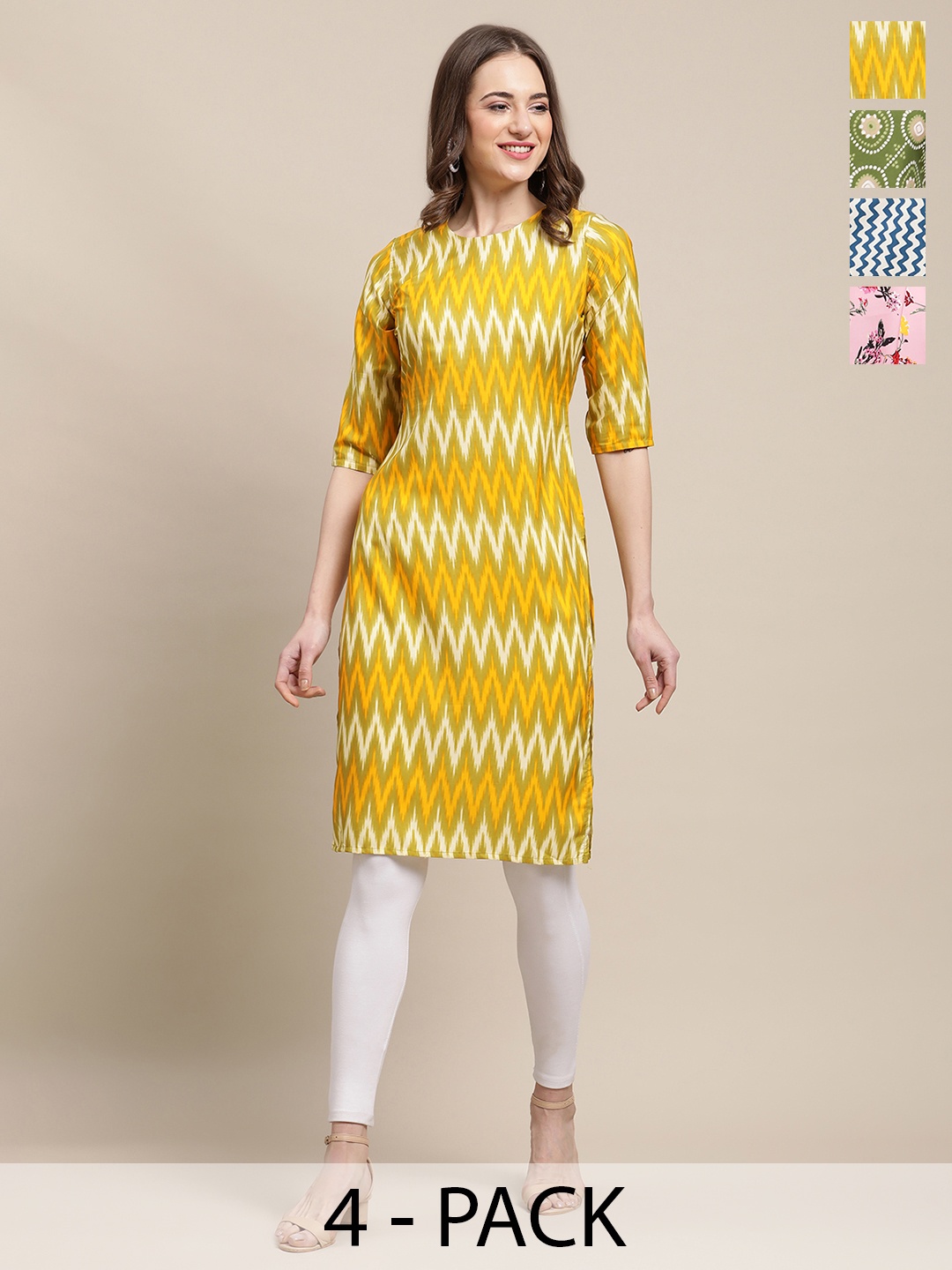 7Threads Selection Of 4 Chevron Printed Round Neck Straight Crepe Kurtas, Yellow