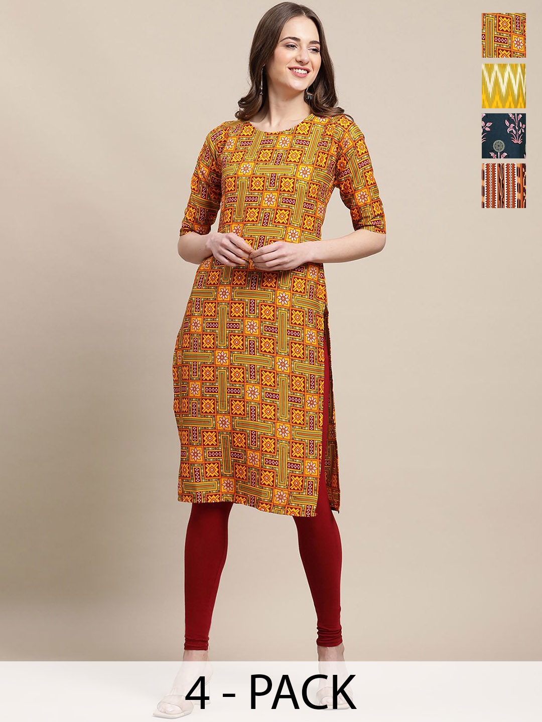 

7Threads Selection Of 4 Ethnic Motifs Printed Straight Kurta, Orange