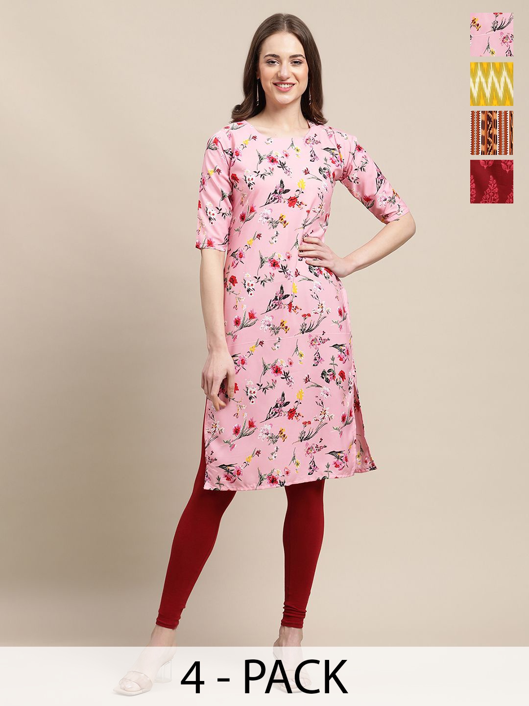 

7Threads Selection of 4 Floral Printed Round Neck Crepe Straight Kurtas, Pink