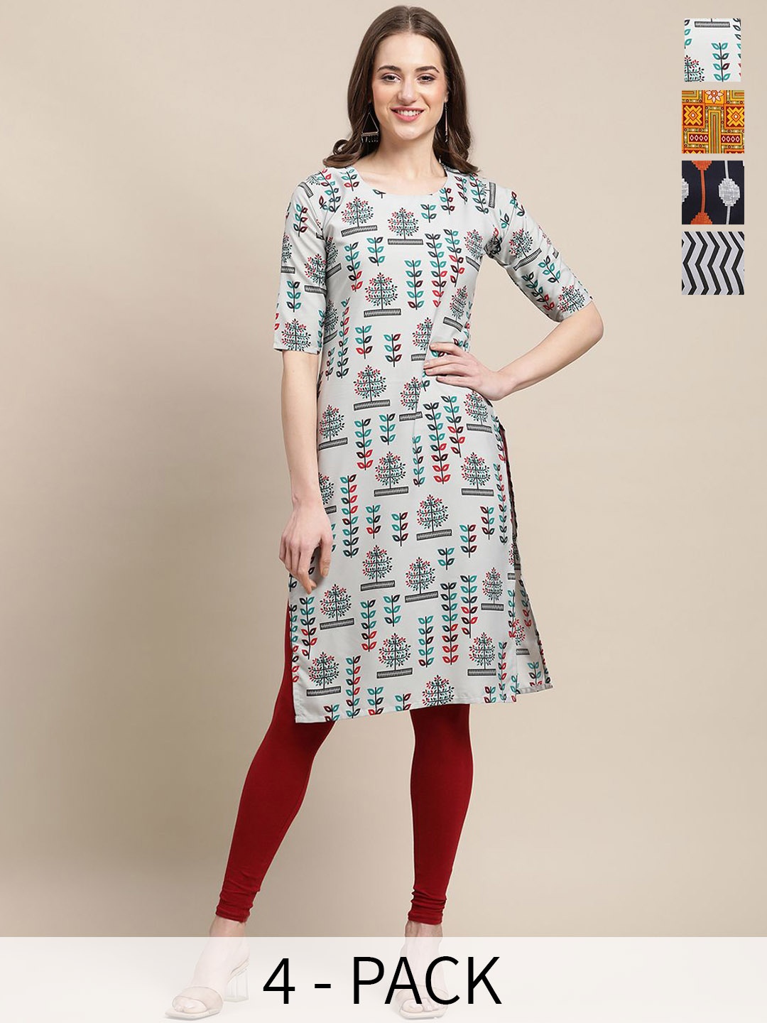 

7Threads Selection Of 5 Floral Printed Round Neck Crepe Straight Kurta, Grey