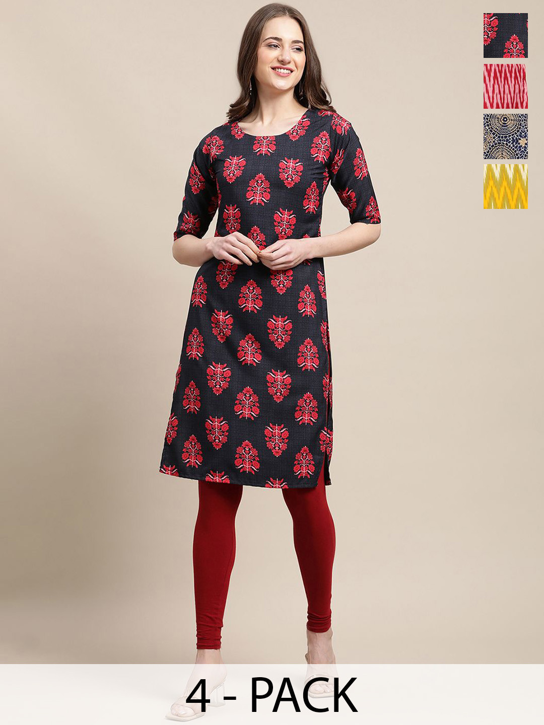 

7Threads Selection Of 4 Floral Printed Straight Kurta, Black