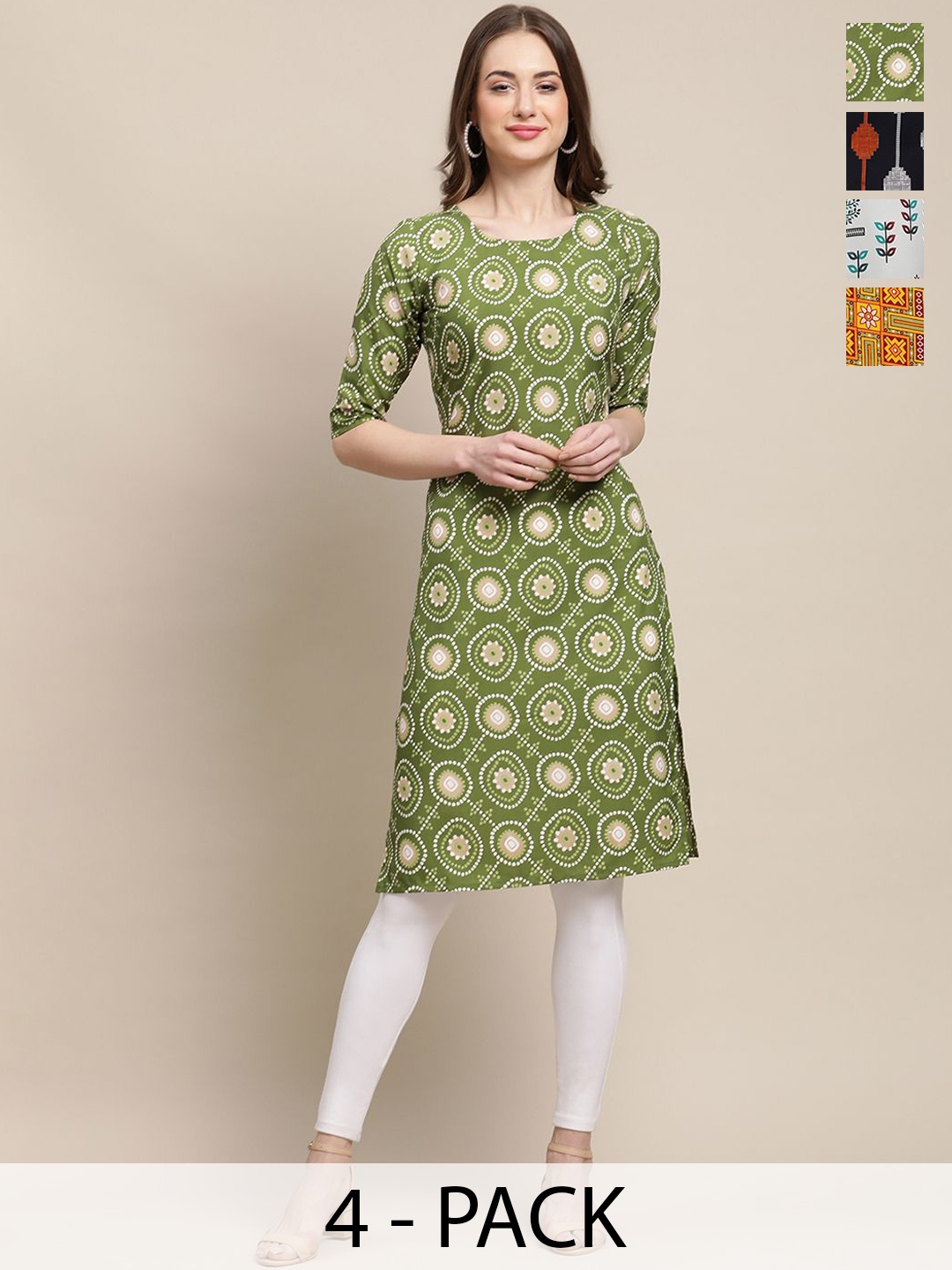

7Threads Selection Of 4 Ethnic Motifs Printed Round Neck Straight Crepe Kurtas, Green