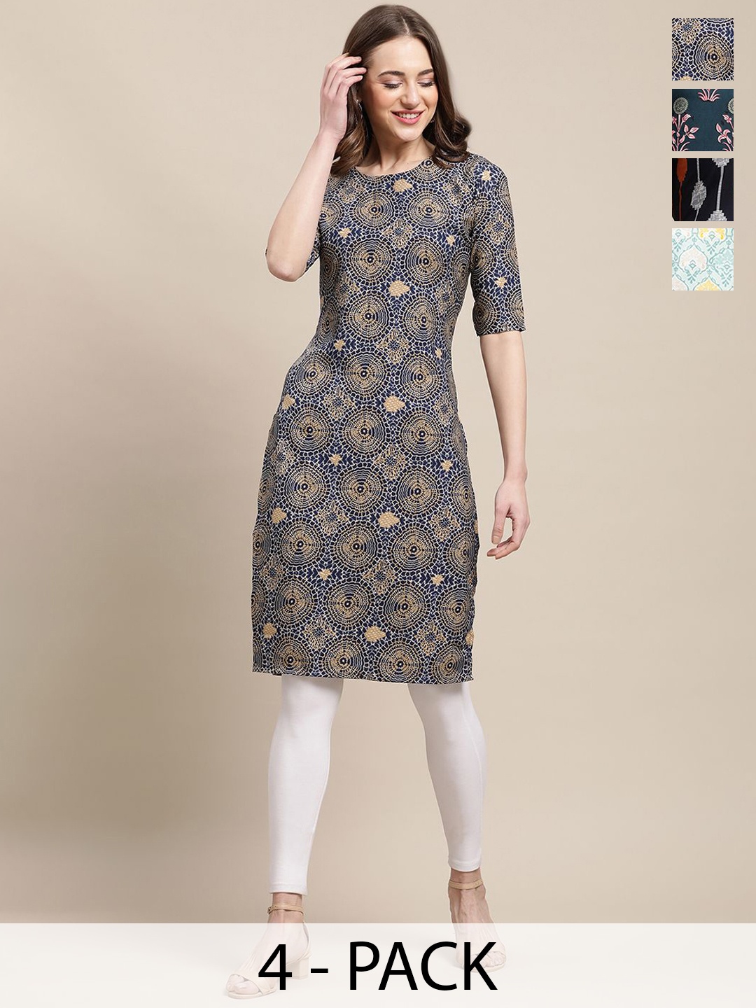 

7Threads Selection Of 4 Ethnic Motifs Printed Round Neck Kurta, Blue