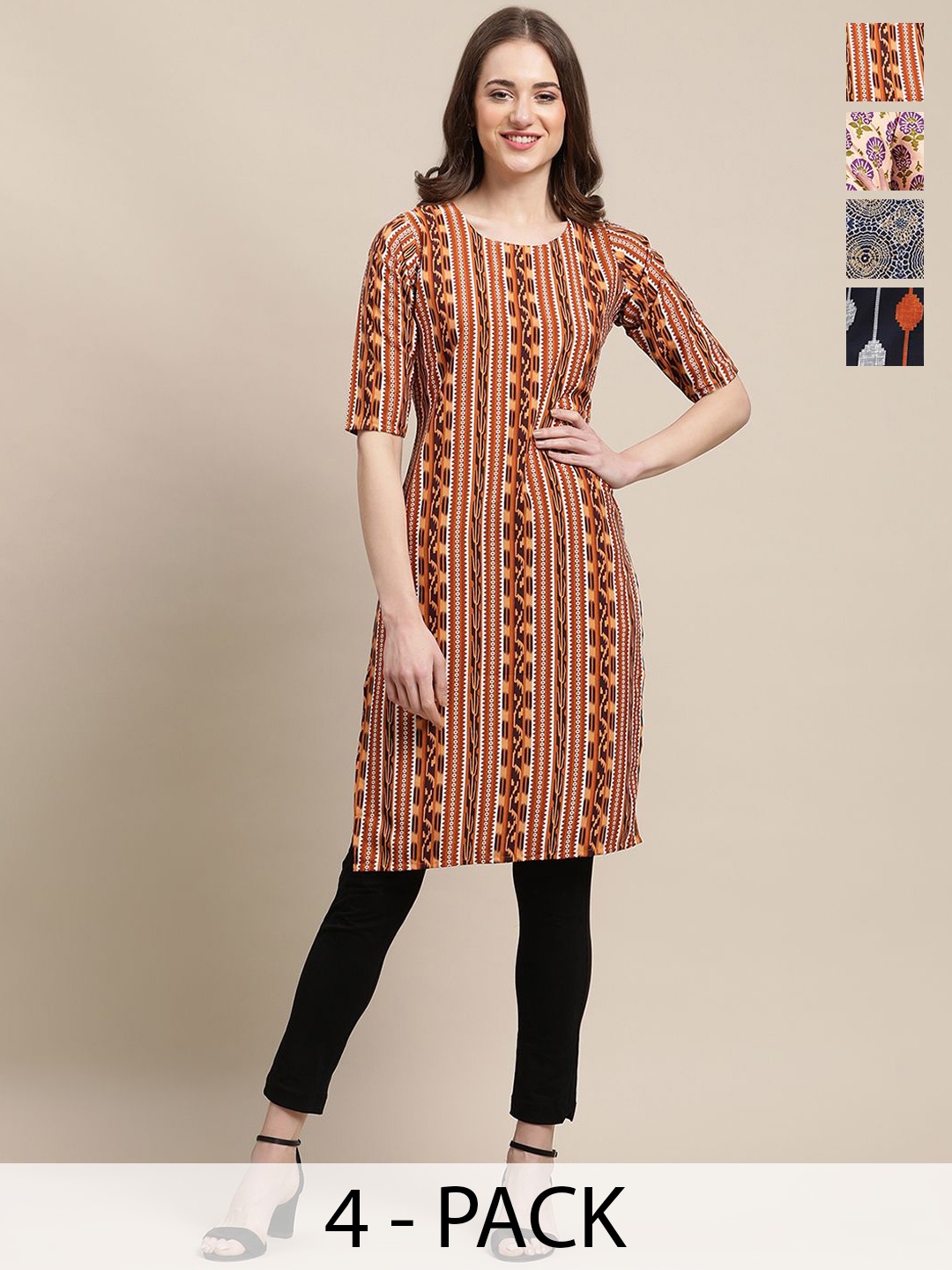 

7Threads Selection Of 4 Geometric Printed Round Neck Regular Sleeves Straight Kurtas, Orange