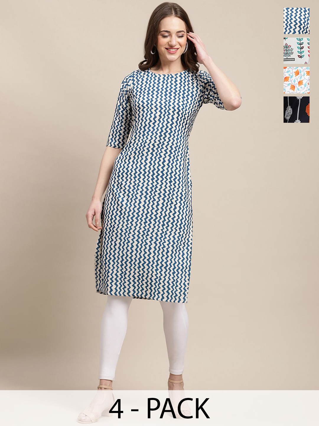 7Threads Selection Of 4 Chevron Printed Round Neck Crepe Straight Kurta, Blue