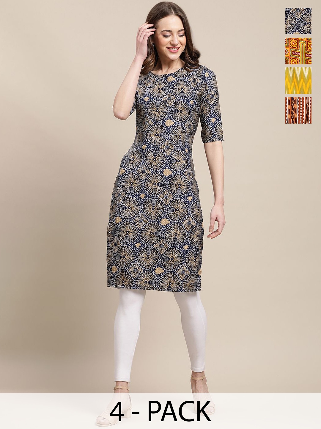 

7Threads Selection Of 5 Ethnic Motifs Printed Round Neck Regular Sleeves Straight Kurtas, Navy blue
