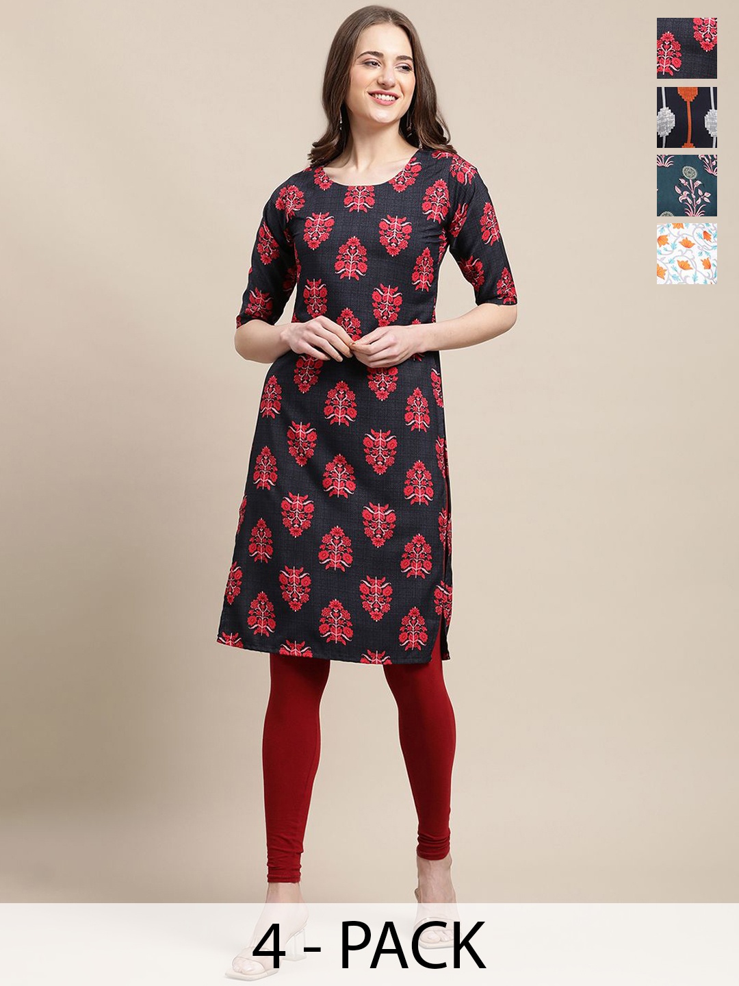 

7Threads Selection Of 4 Geometric Printed Round Neck Kurtas, Multi