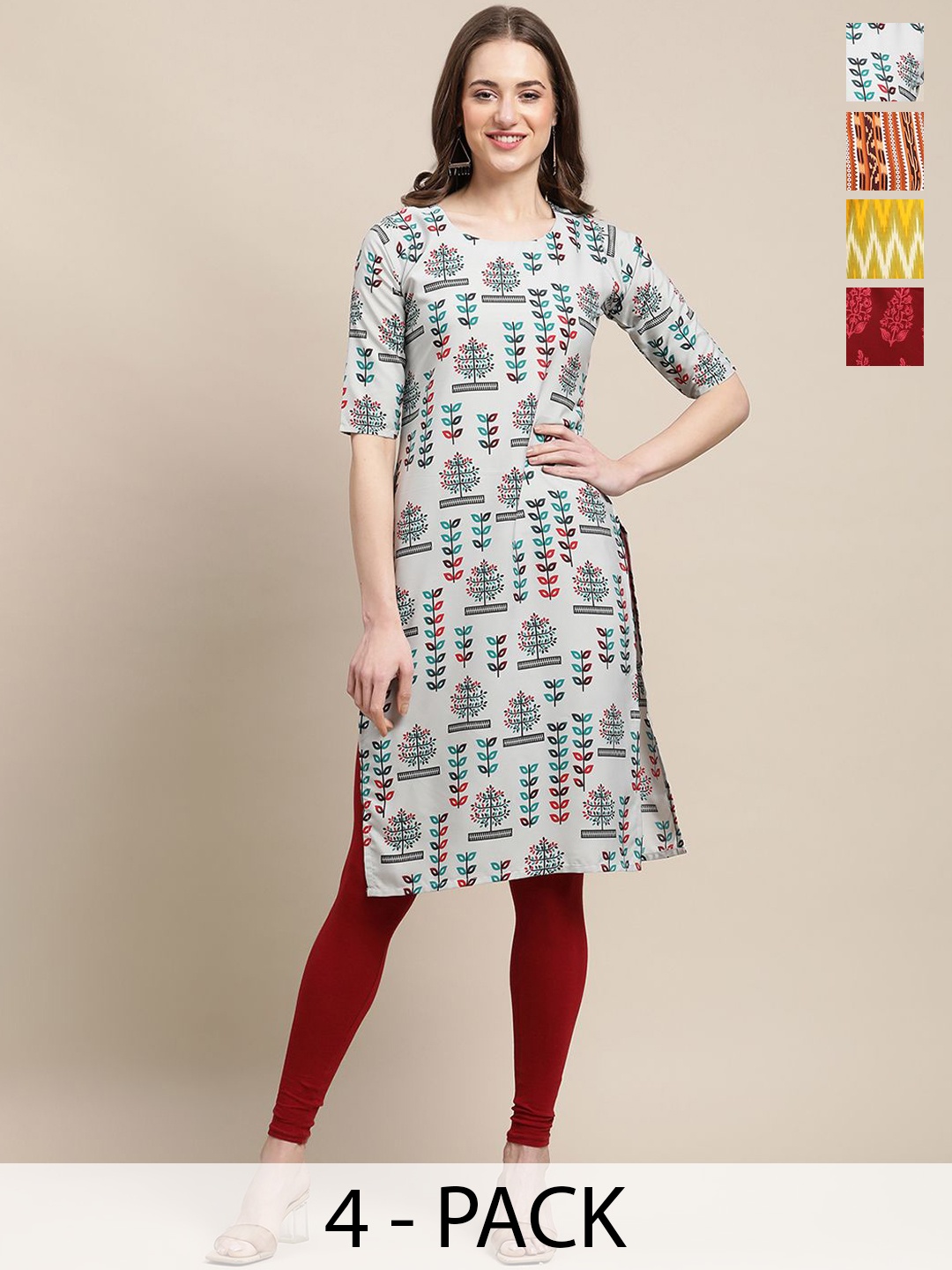 

7Threads Selection of 4 Ethnic Motifs Printed Crepe Straight Kurta, Grey