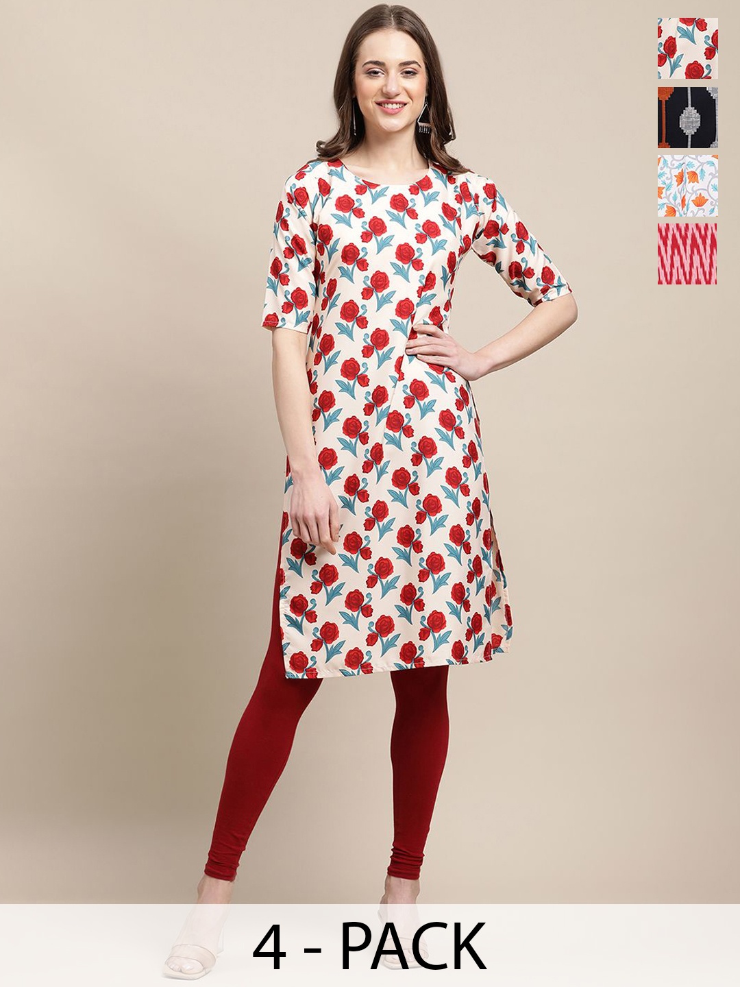 

7Threads Selection Of 4 Floral Printed Round Neck Kurtas, Cream