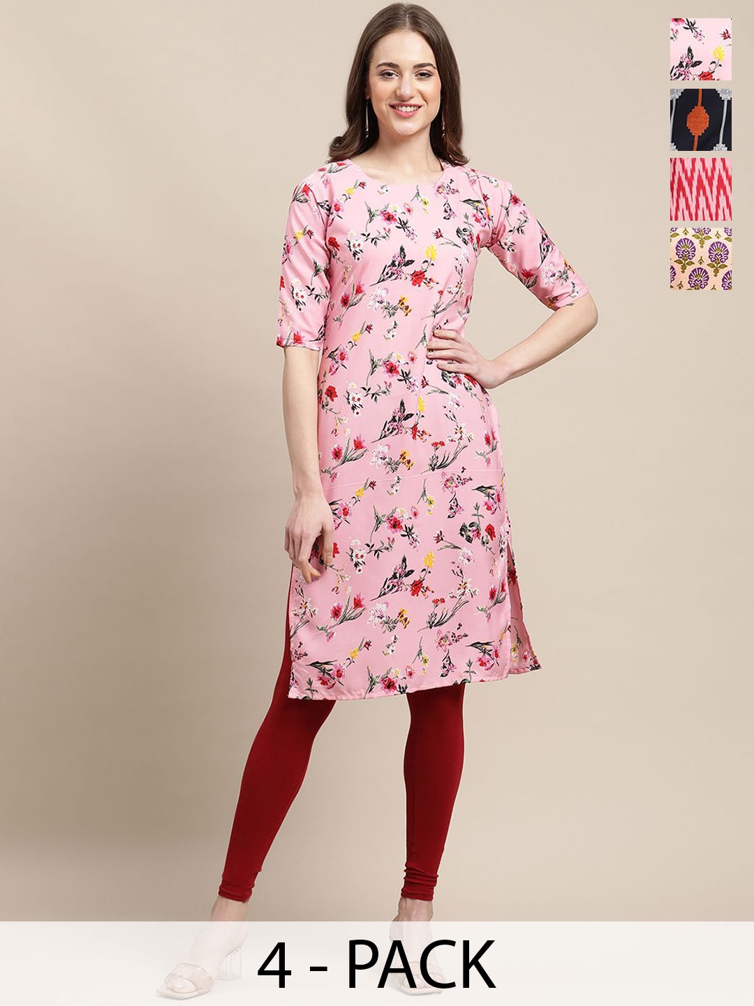 

7Threads Selection Of 4 Floral Printed Straight Kurta, Pink
