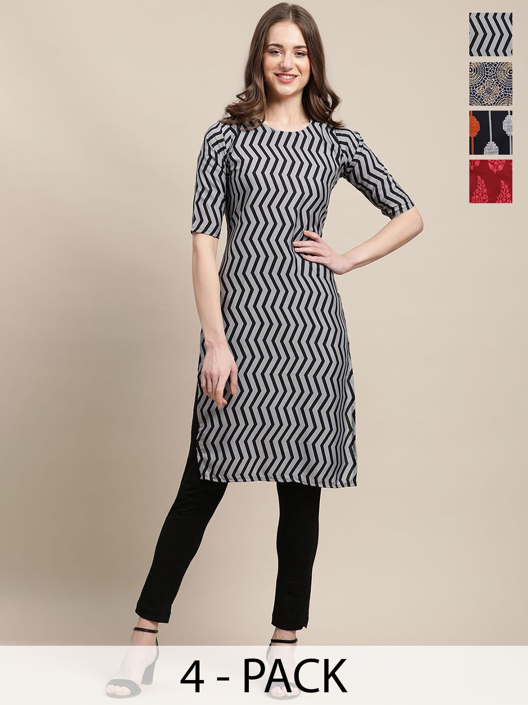 

7Threads Selection Of 4 Chevron Printed Round Neck Kurtas, Grey