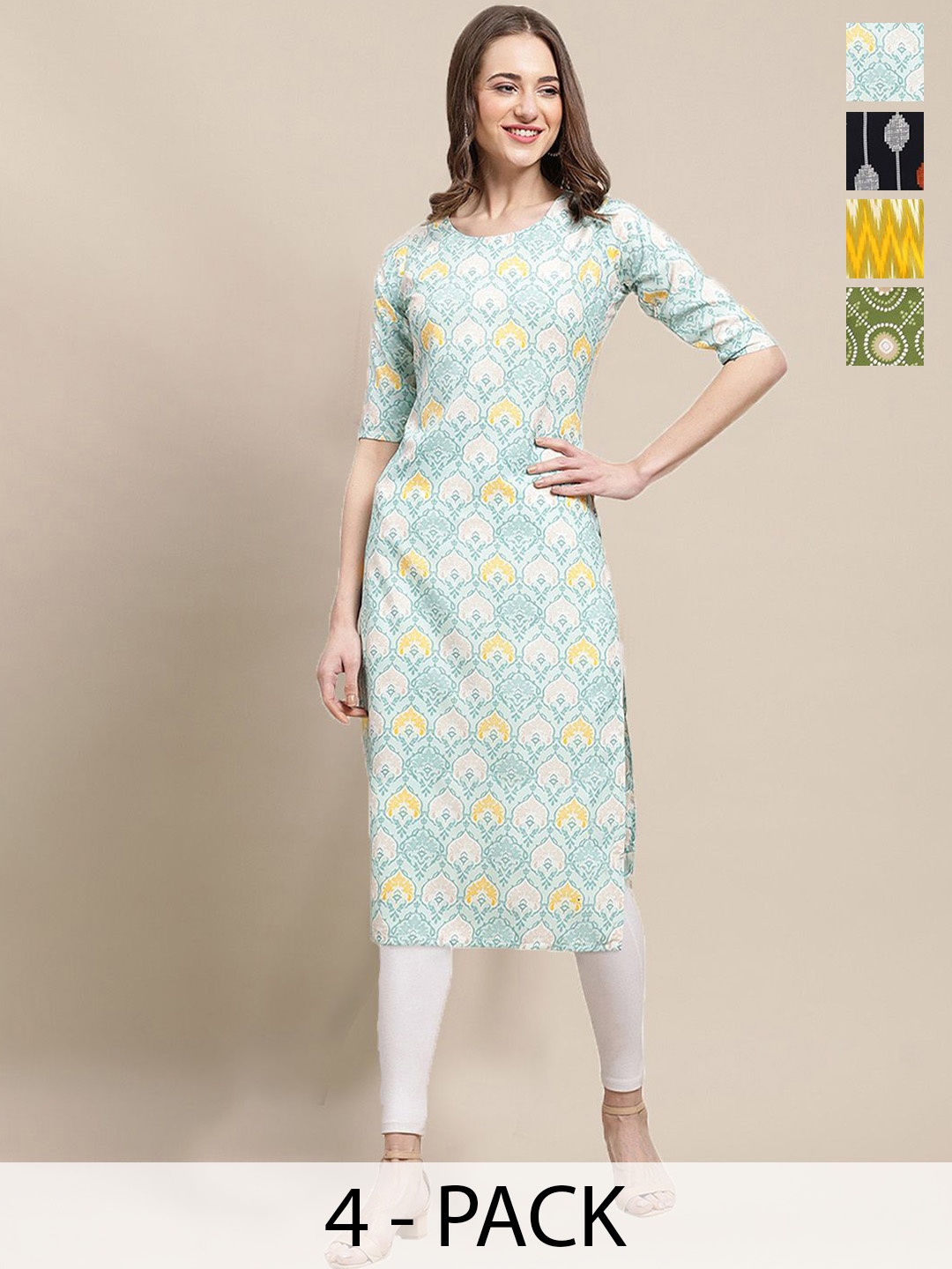 

7Threads Selection of 4 Geometric Printed Crepe Straight Kurta, Blue