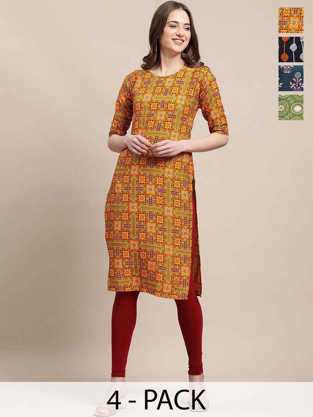 

7Threads Set Of 4 Geometric Printed Round Neck Machine Weave Straight Kurta, Yellow