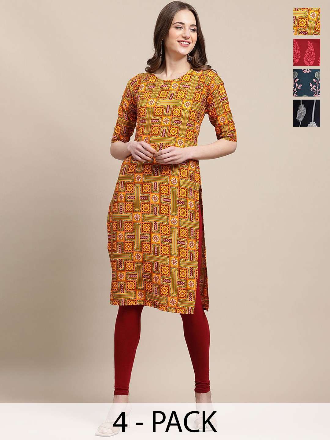 

7Threads Pack of 4 Geometric Printed Round Neck Kurtas, Orange