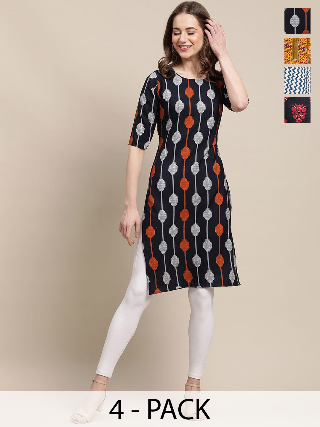 

7Threads Selection Of 4 Chevron Printed Round Neck Crepe Straight Kurta, Black