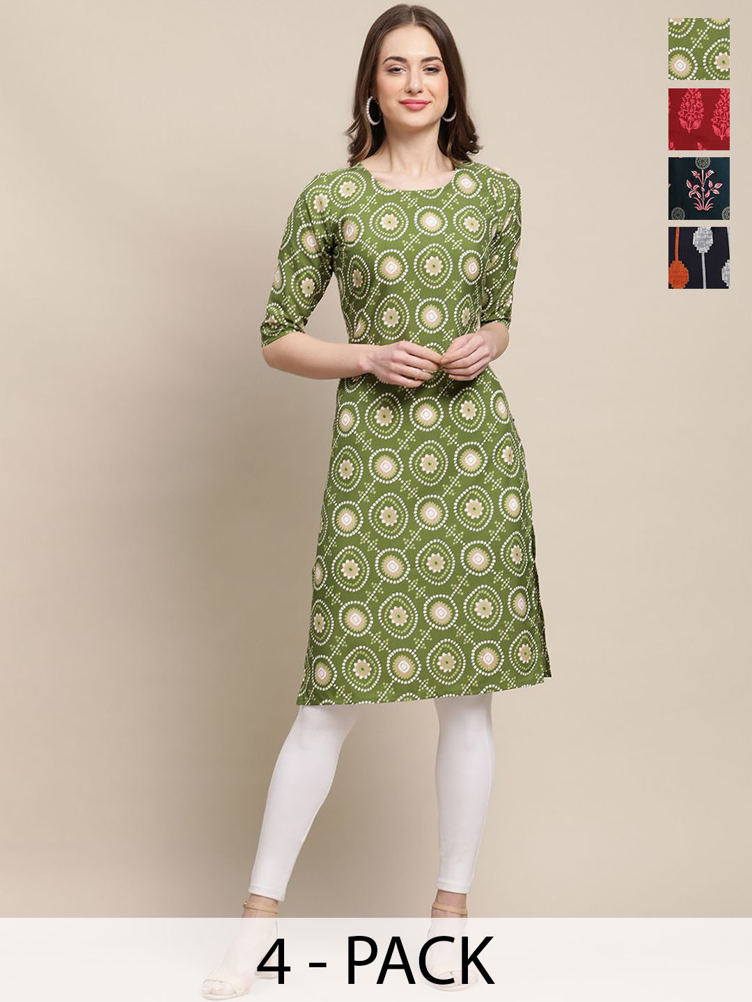 

7Threads Selection Of 4 Ethnic Motifs Printed Round Neck Regular Sleeves Straight Kurtas, Green