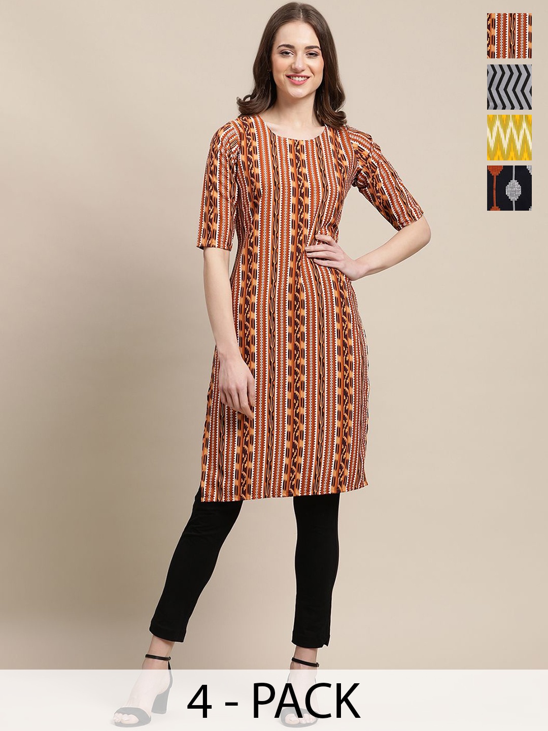 

7Threads Pack Of 4 Floral Printed Round Neck Straight Crepe Kurta, Brown