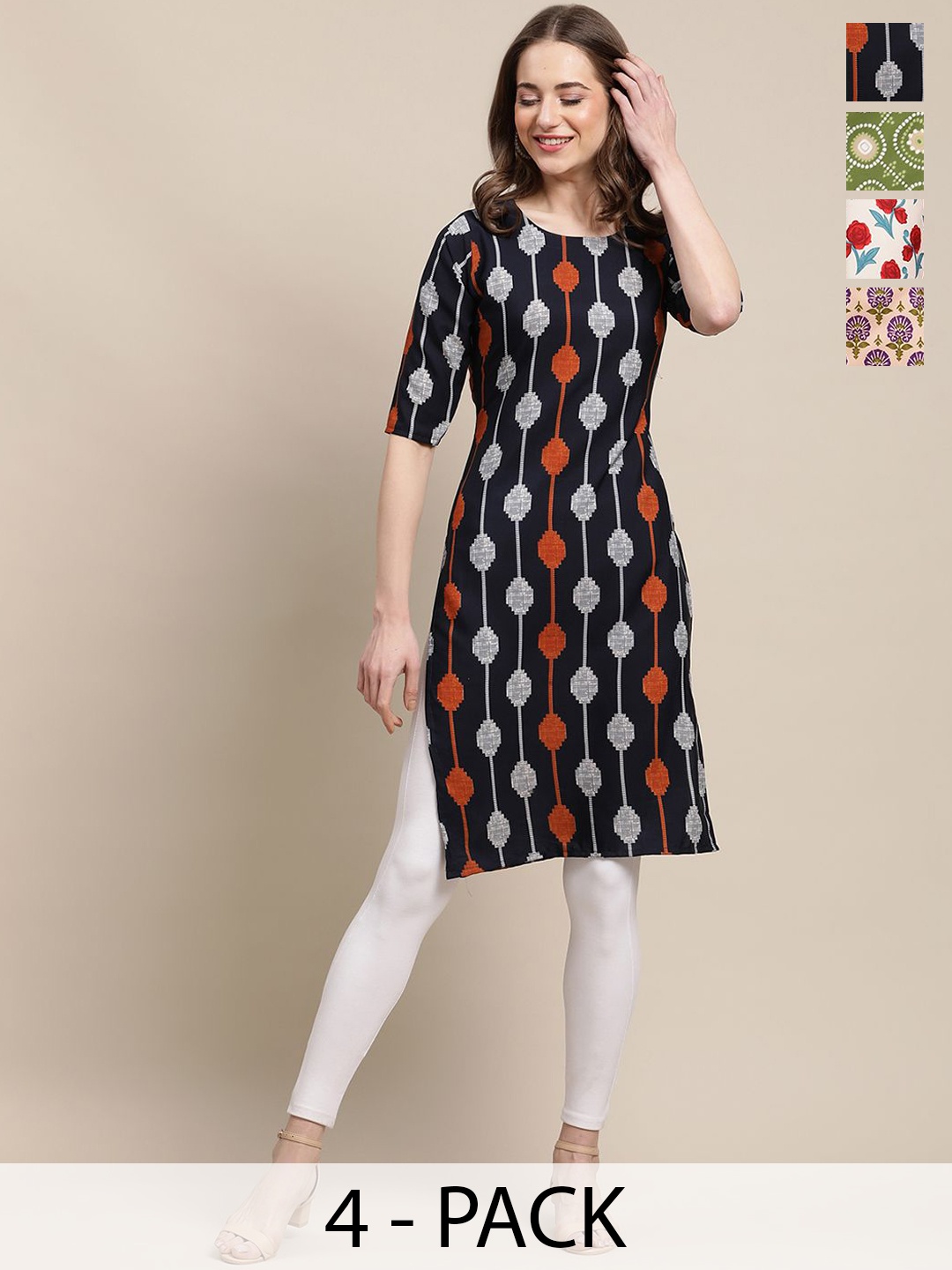 

7Threads Selection Of 4 Ethnic Motifs Printed Round Neck Crepe Straight Kurta, Black
