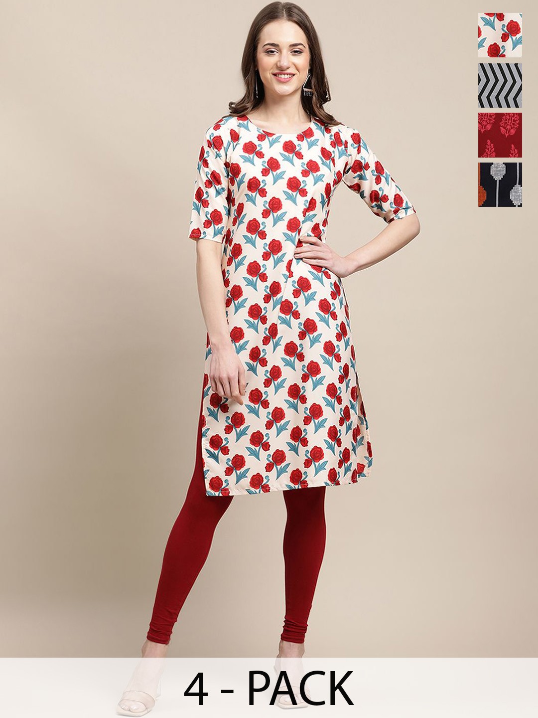 

7Threads Selection Of 4 Ethnic Motifs Printed Round Neck Straight Kurtas, White